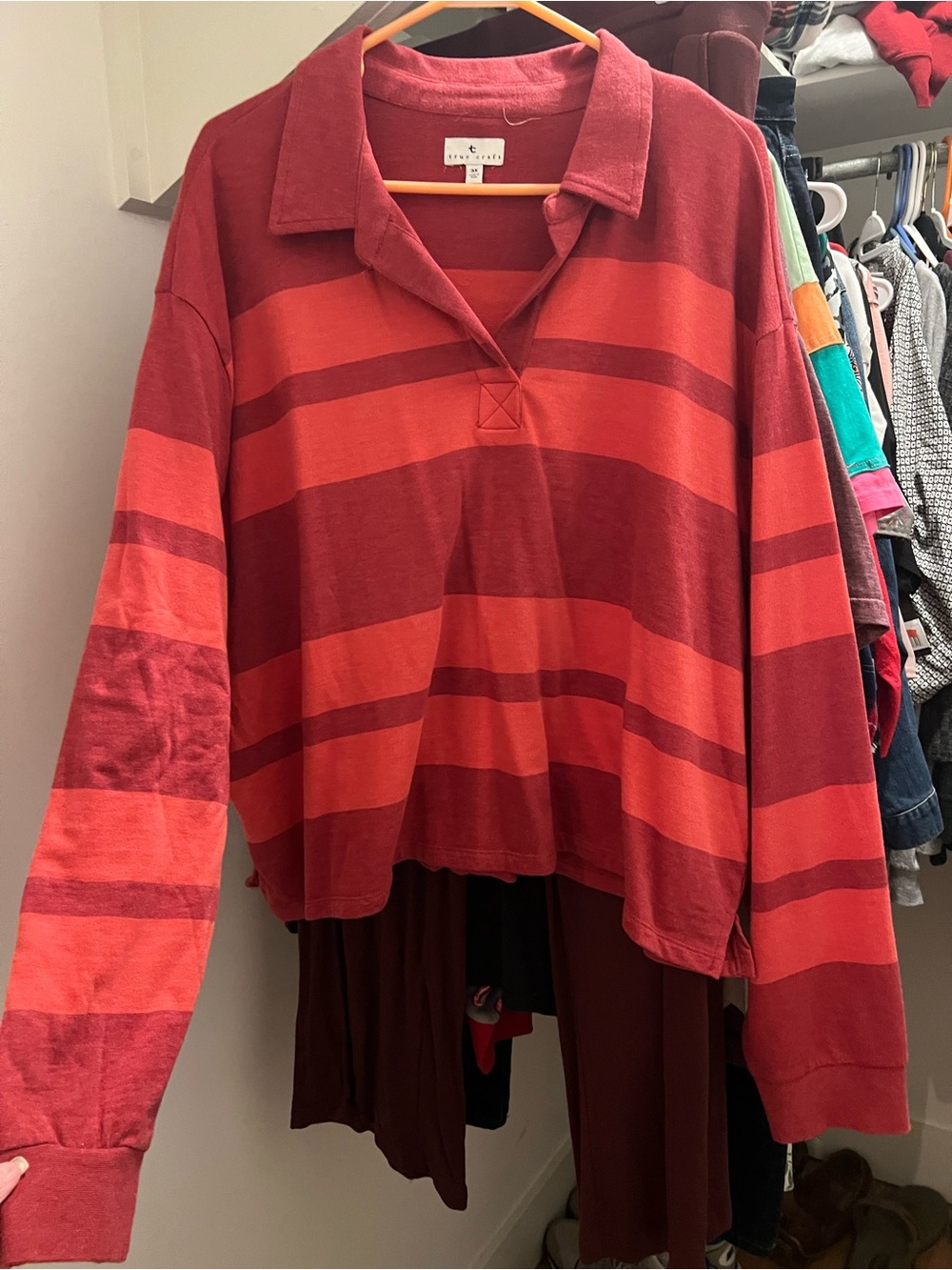 True Craft Red and Dark Red Striped Polo Sweatshirt